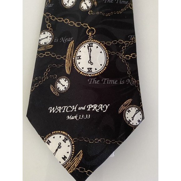 Appointed Apparel Watch and Pray Black Gold Christian Silk Tie Vintage 4" x 59" - Picture 11 of 16